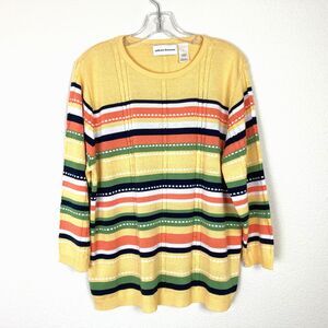 Alfred Dunner Women's Sweater Size L Yellow Multi Striped 3/4 Sleeve Lightweight